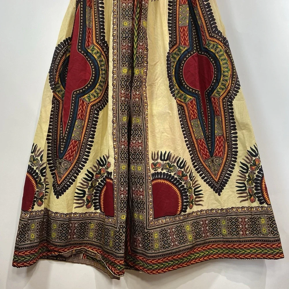 African Print Womens Tie Front Long Maxi Skirt Size S Pockets Festival Colorful